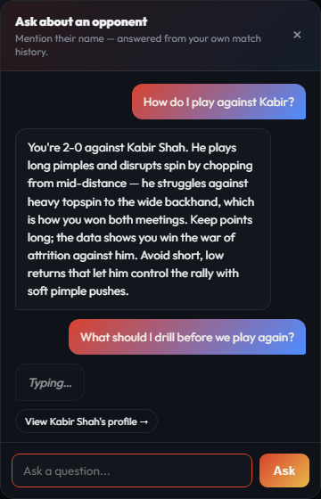 Floating chat widget answering a question about an opponent with a consolidated match brief