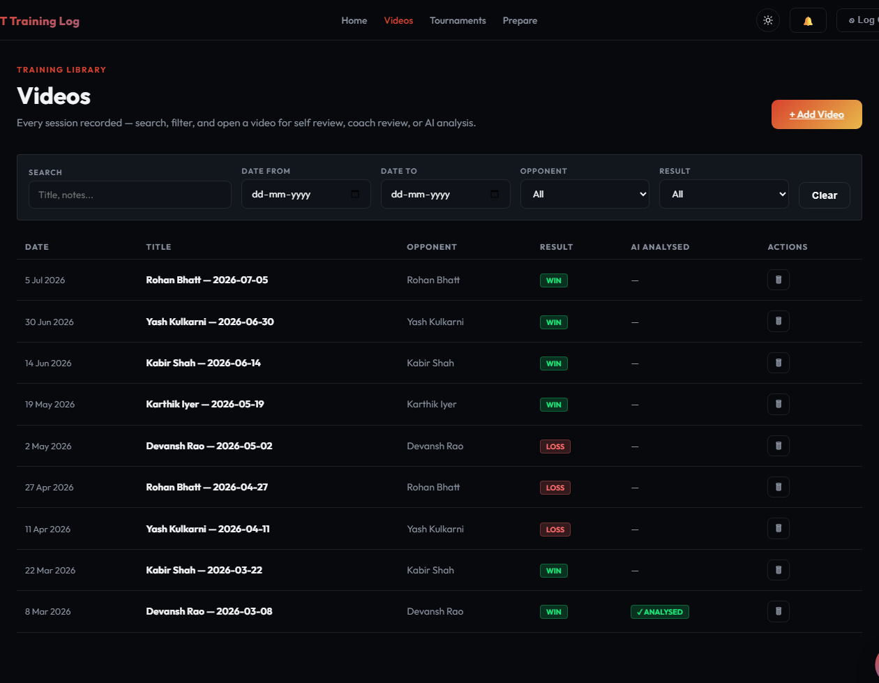 Video library list with date, opponent and result filters